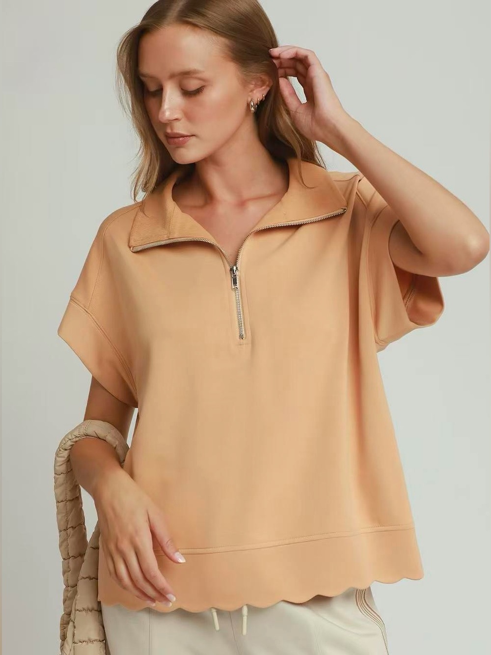 ♥️Hello Gorgeous! Umgee Half Zip Pullover with Scalloped Edge Hem- Salmon